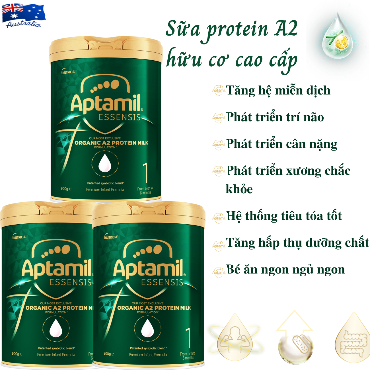 Sữa tăng chiều cao cho trẻ sơ sinh Aptamil Essensis Protein A2 Úc (Số 1)- Công thức Synbiotic độc quyền Giúp tăng cường hệ miễn dịch, hỗ trợ hệ tiêu hóa, Phát triển chiều cao, Cân nặng, trí tuệ và tăng sức đề kháng (900gx3hộp)