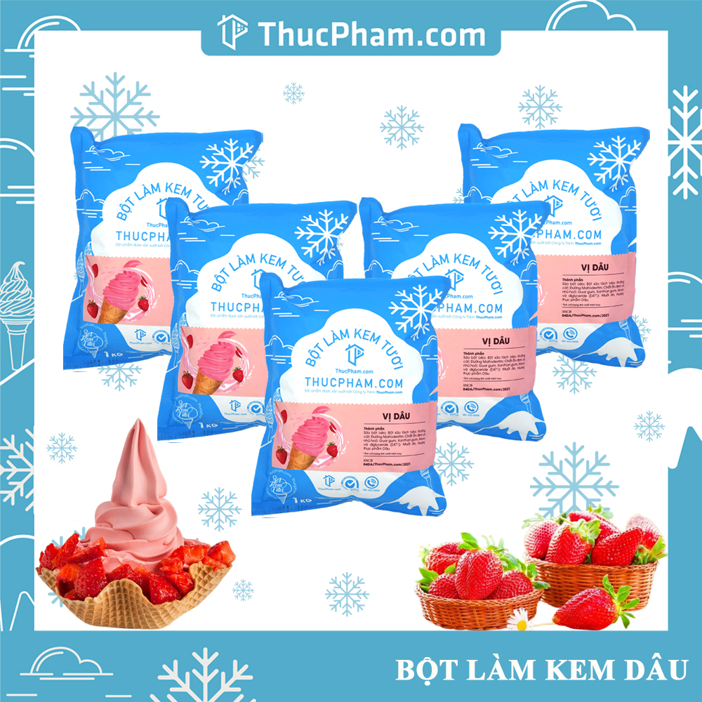 Combo 5 Gói Bột Làm Kem Tươi ThucPham.Com Vị Dâu - Túi 1kg - Được Chứng Nhận HTQL An Toàn Thực Phẩm ISO 22000:2018