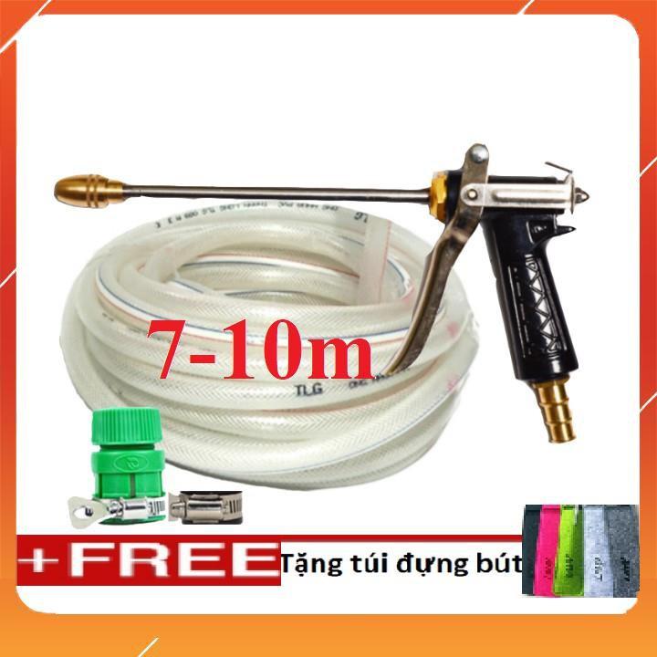Bộ dây vòi xịt nước rửa xe,tưới cây ,tăng áp 3 lần,loại 7m.10m 206318 đầu đồng,đai,nối nhựa v+ túi đựng bút