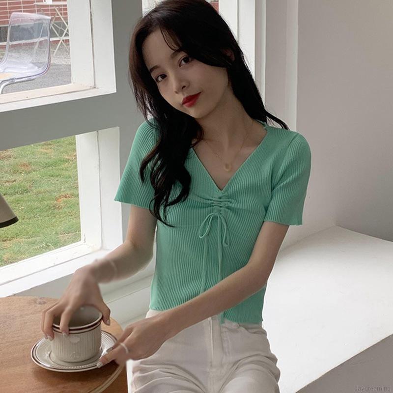 Áo Thun Tay Ngắn Cổ Chữ V Màu Trơn Thiết Kế Đơn Giản Thời Trang Dành Cho Nữ