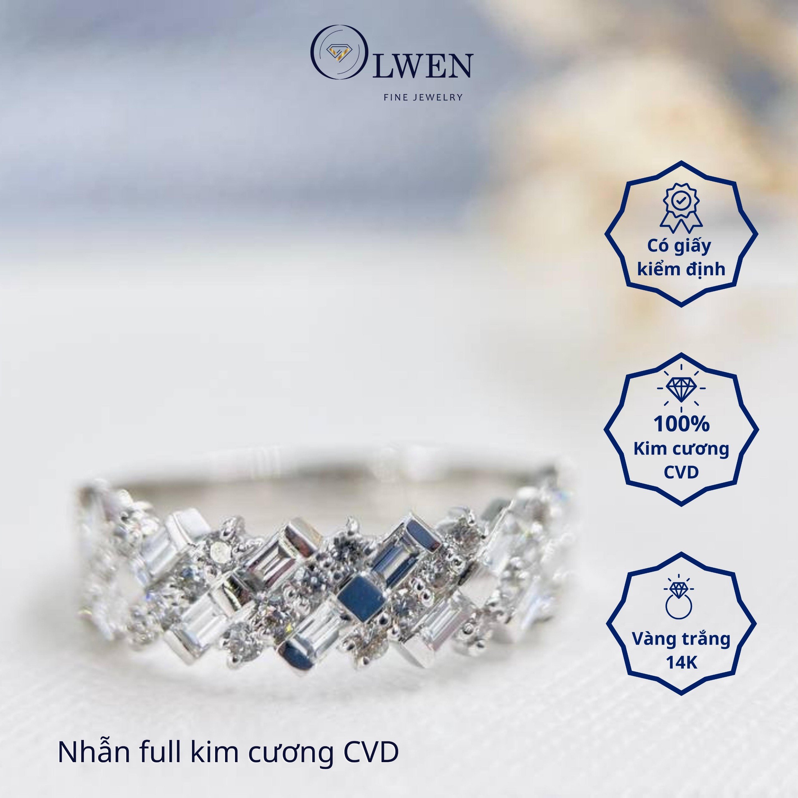 Nhẫn 14k Trắng Olwen Đính Kim Cương CVD HA319