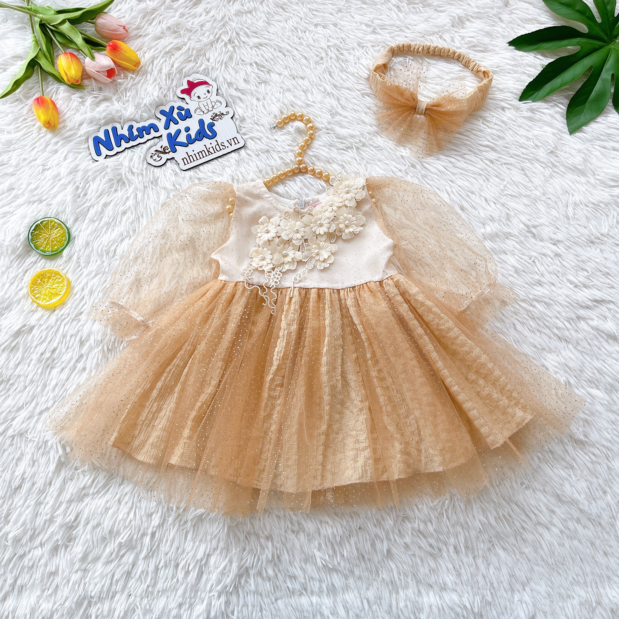 Váy công chúa đính hoa tặng kèm turban cho bé gái 4 - 15kg