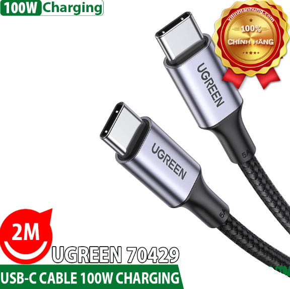 Cáp USB Type C sạc 100W 5A QC3.0 Ugreen 70429 dài 2m - Hàng chính hãng