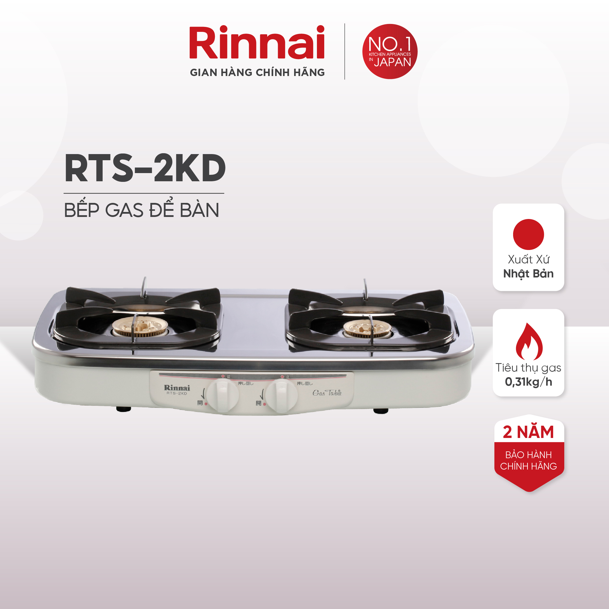 Bếp gas dương Rinnai RTS-2KD mặt bếp inox và kiềng bếp men - Hàng chính hãng.