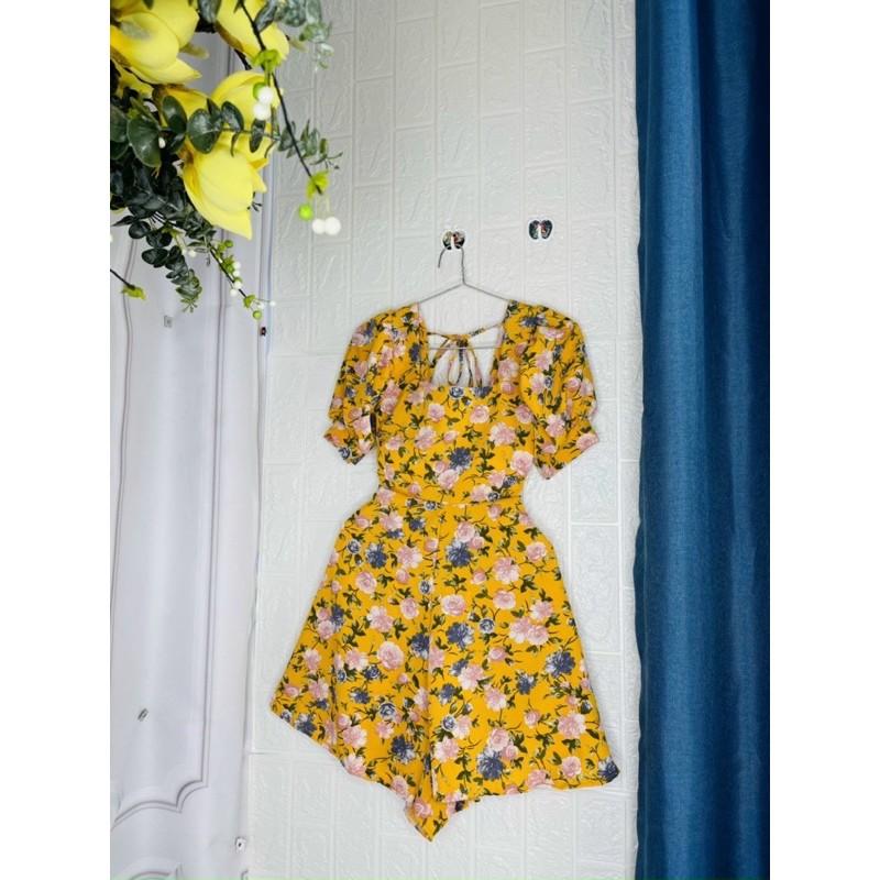 Váy Xòe Nữ Đầm Xòe Họa Tiết Hoa Ngắn Tay Cổ Vuông Sang Chảnh