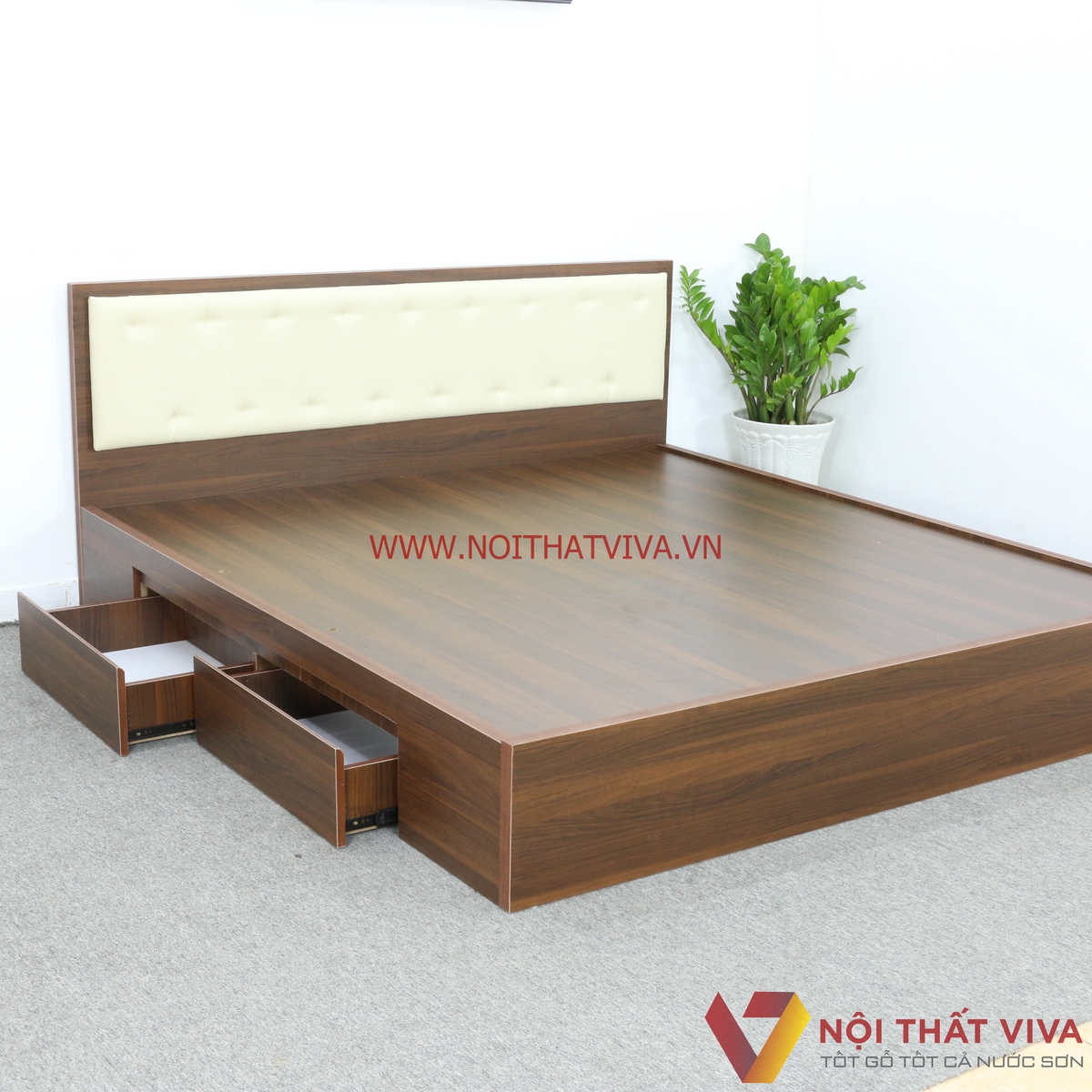 Giường Ngủ Gỗ MDF Melamine Màu Nâu Có Ngăn Kéo + Đầu Nệm Kem Đẹp