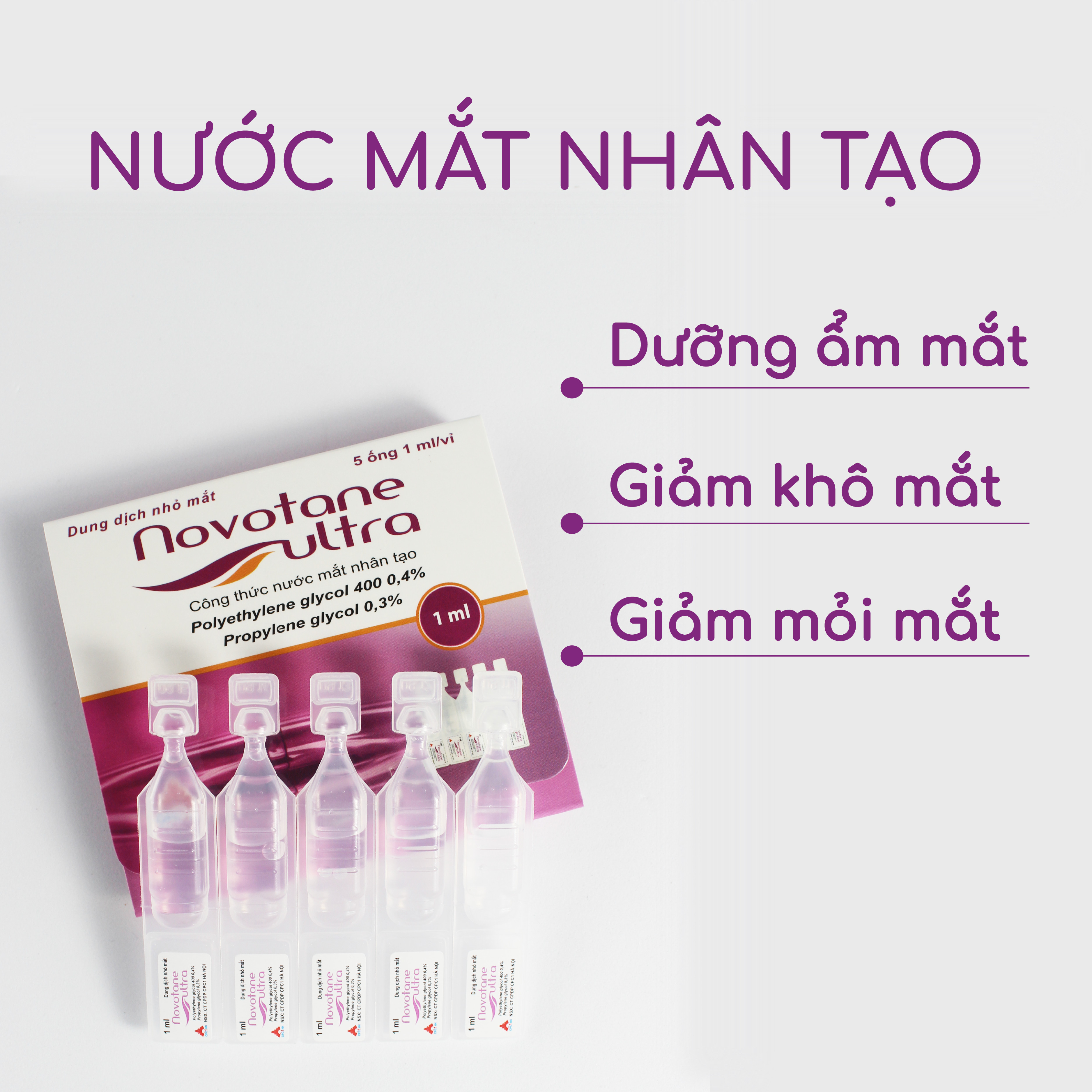 Combo 6 vỉ Nước mắt nhân tạo Novotane Ultra 1ml giúp bảo vệ mắt, dưỡng ẩm, giảm khô, giảm mỏi mắt