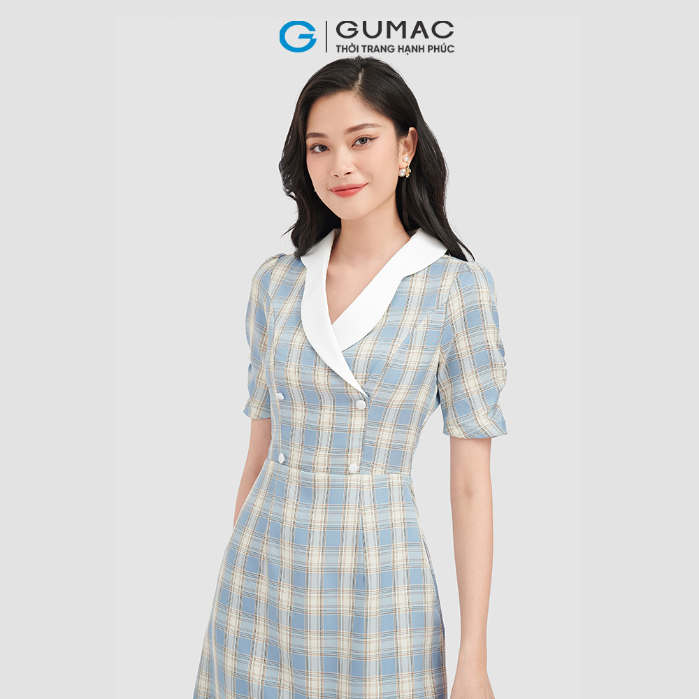 Đầm form A GUMAC DC10055 cổ V caro trẻ trung