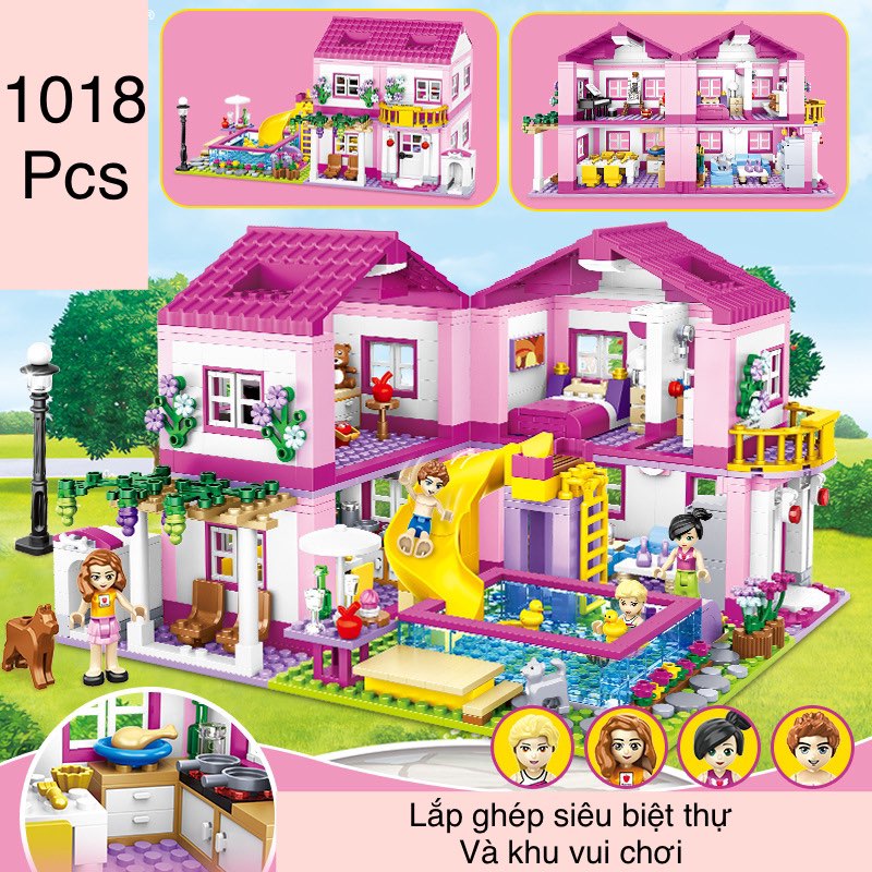 Đồ chơi xếp hình lắp ghép biệt thự 3D kết hợp công viên cầu trượt ngoài trời với 1018Pcs