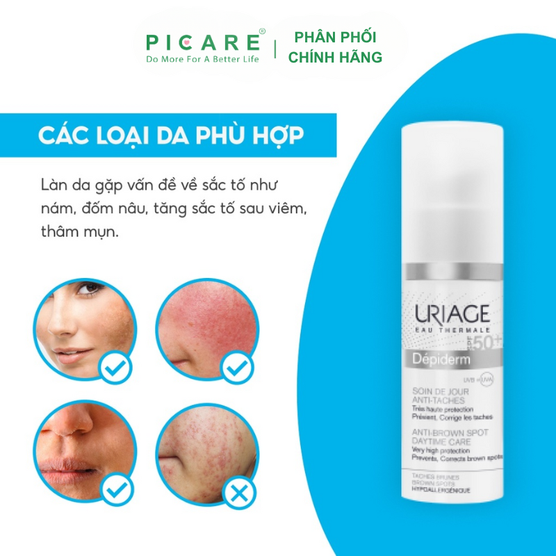 Uriage Depiderm SPF50 Soin De Jour Anti-Taches: Kem Trắng Da, Chống Nắng Ban Ngày 30ml