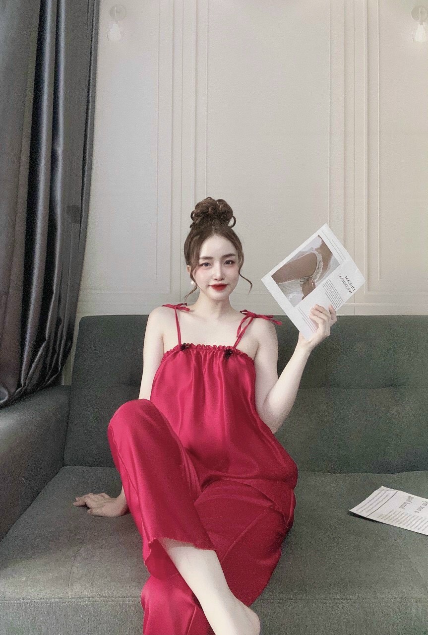 Đồ Bộ Lụa 2 Dây Nữ, Bộ Mặc Nhà 2 Dây Nữ Lụa Satin cột vai, Freesize 40_58kg, tùy chiều cao