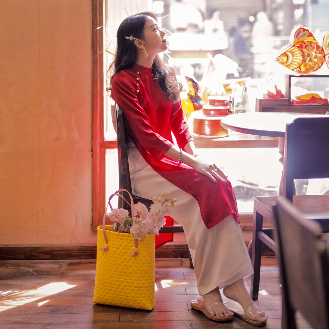 Áo Dài Cách Tân Lụa Tô Châu Cao Cấp - Áo Màu Đỏ + Quần Đỏ