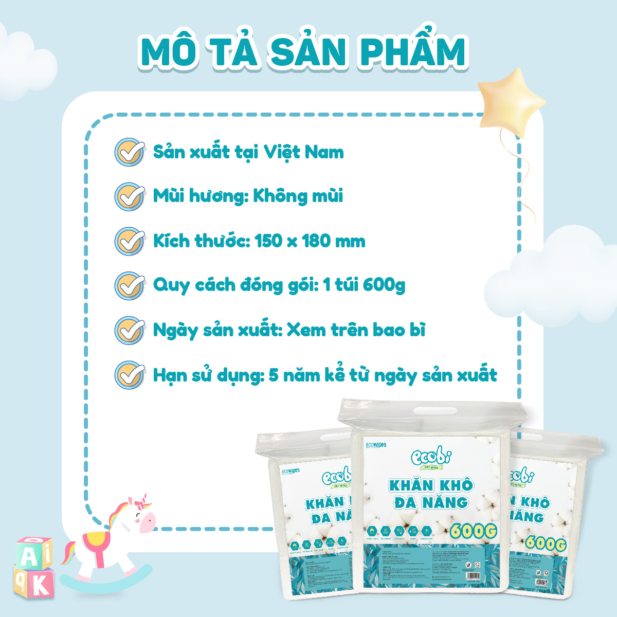 Combo 03 túi Khăn khô đa năng EcoWipes cho bé 600/900G không chất huỳnh quang không mùi không parabens
