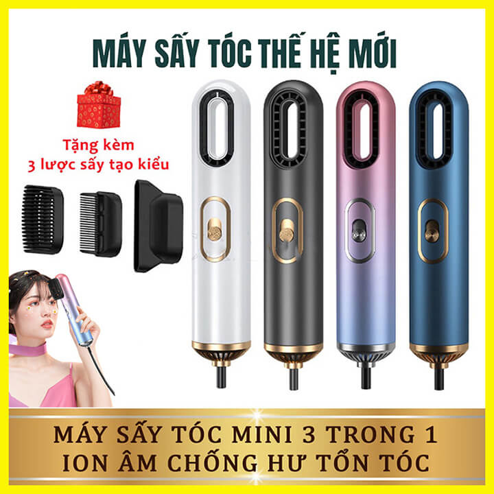 Máy sấy tóc mini nóng lạnh 800W đa năng không cánh, tạo kiểu 3 trong 1 công nghệ ION âm chống hư tổn tóc - Tặng 3 lược sấy