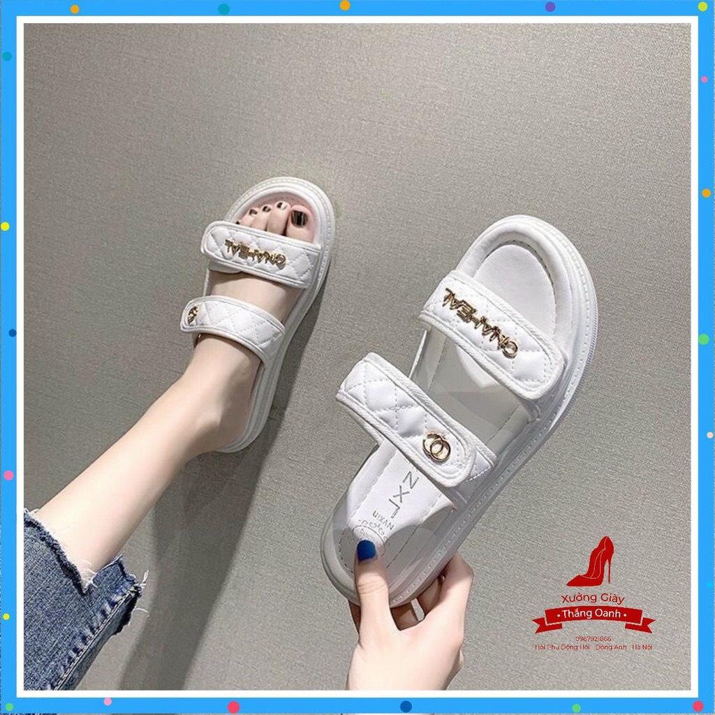 Có sẵn Dép nữ 2 quai ngang thêu đính khoá chanl xinh đế siêu nhẹ- dép bánh mì đé cao 3,5cm