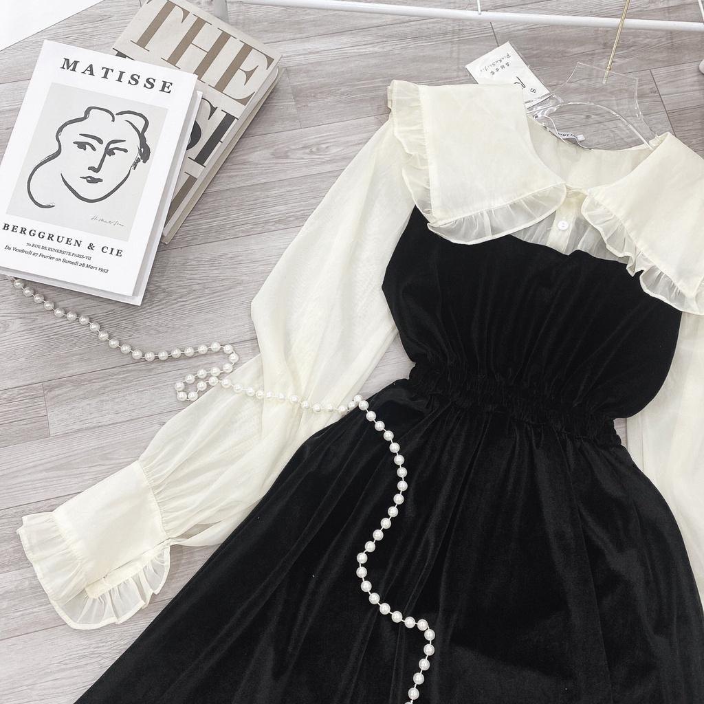 Váy nhung đen cổ bèo vintage tiểu thư sang chảnh