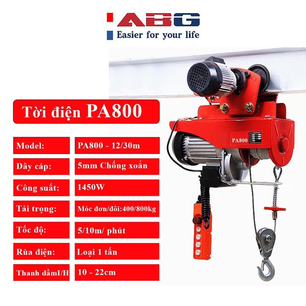 Bộ Tời Điện Kèm Rùa ABG PA800 (250/500Kg) 12 Mét Giúp Máy Tời Treo Nâng Hạ Vật Nặng Dễ Dàng Trong Nhà Xưởng Công Nghiệp Và Đời Sống, Nâng Kéo Linh Hoạt, Hiệu Quả Cao – Hàng Chính Hãng