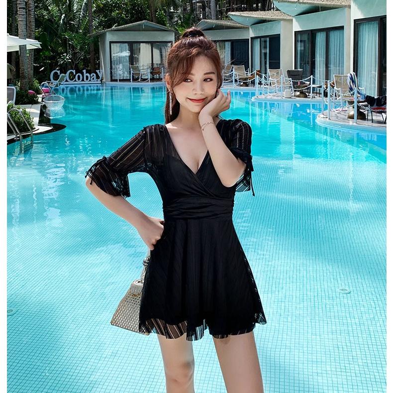Đồ Bơi Nữ Bikini Áo Tắm Dạng Váy Đi Biển Có Tay Giấu Bụng CHo Người Béo Bụng - Hàng Quảng Châu Cao Cấp