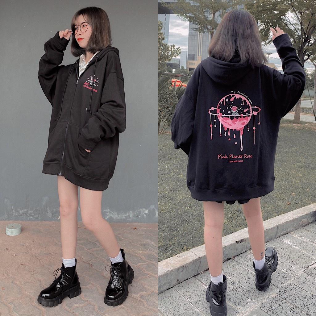 Áo Khoác Nỉ Bông PLANET ROSE Phối Dây Kéo Form Rộng Ulzzang