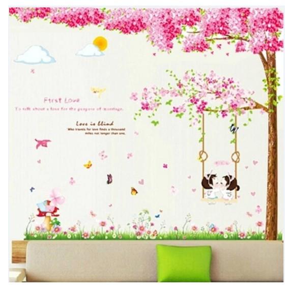 BỘ COMBO DECAL GHÉP ĐÔI TRANG TRÍ - Cây Hồng lớn kết hợp xích đu tình nhân lớn
