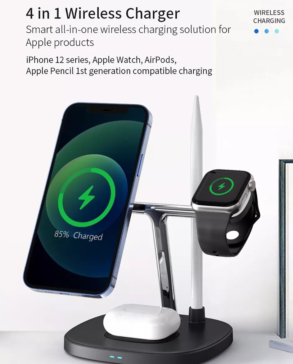 Đế sạc không dây sạc nhanh 15W 4 in 1 hỗ trợ sạc dành cho tai nghe / iWatch / Pencil / iPhone hiệu WIWU Power Air Wireless Charger M8 - hàng nhập khẩu