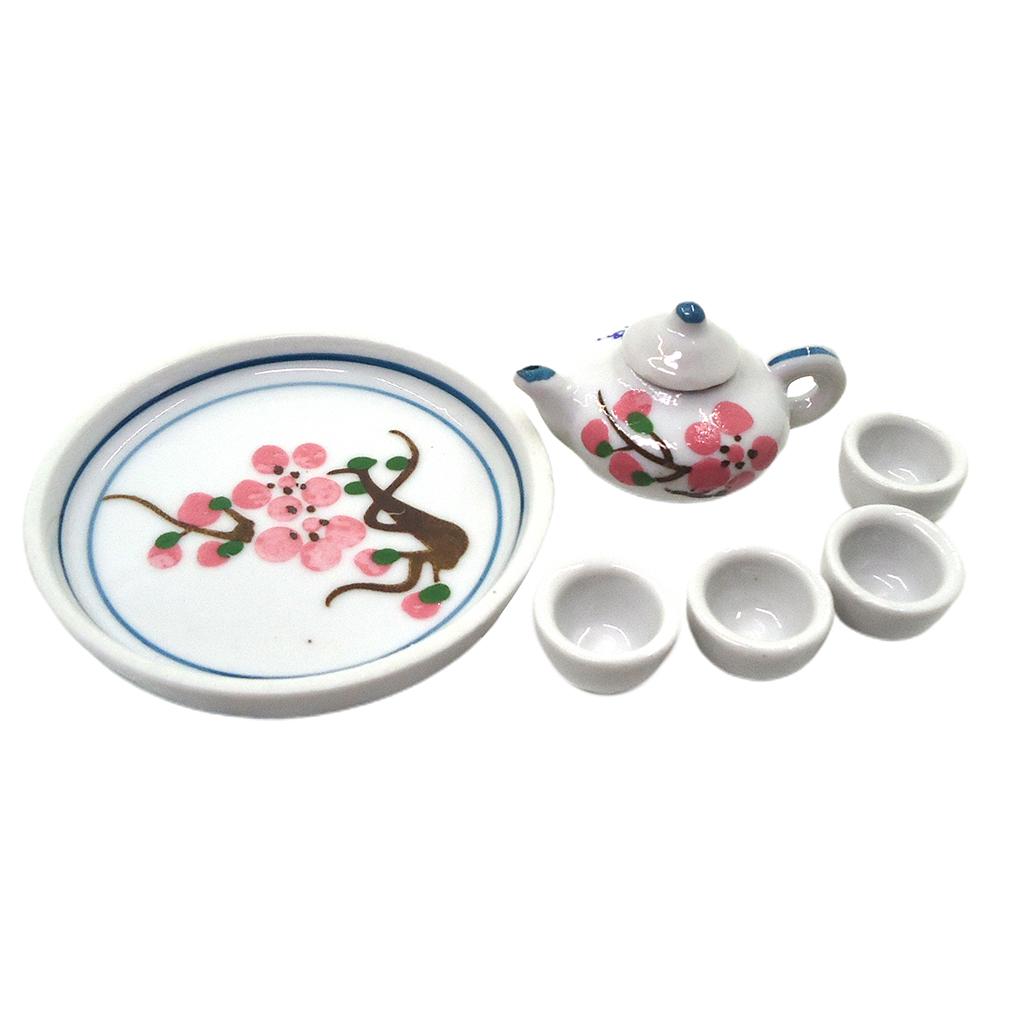 1/12 Dollhouse Porcelain Tea Set with Tea Pot Tea Cups and Tray for Dollhouse Miniature Kitchen Accessories
