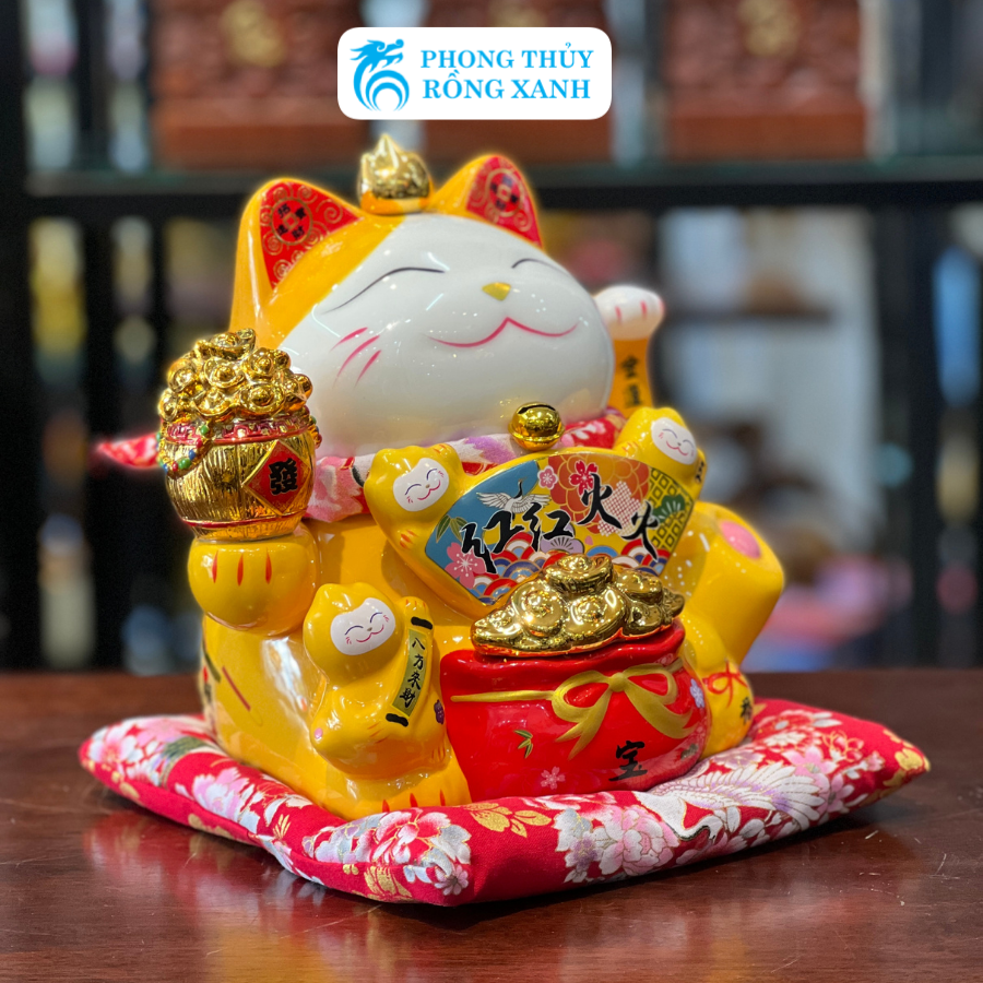 Mèo Thần Tài-Mèo May Mắn Chiêu Tài Đón Khách-Mèo Đại Phú Đại Quý Màu Vàng 8 inch-Gốm Sứ Cao Cấp