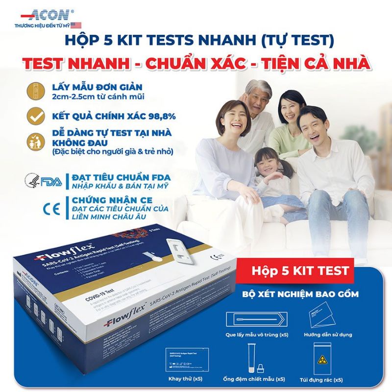 Combo 2 hộp 5 Kit test nhanh Covid và 10 que bông vô trùng lấy mẫu dịch mũi Acon FlowFlex thương hiệu Mỹ Abcare