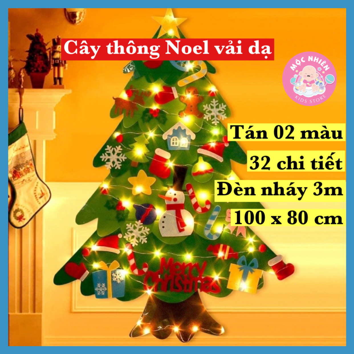 Cây thông Noel treo tường đặc biệt có ông già Noel bằng vải dạ vải nỉ trang trí Giáng sinh (tặng kèm đèn led 3 mét)