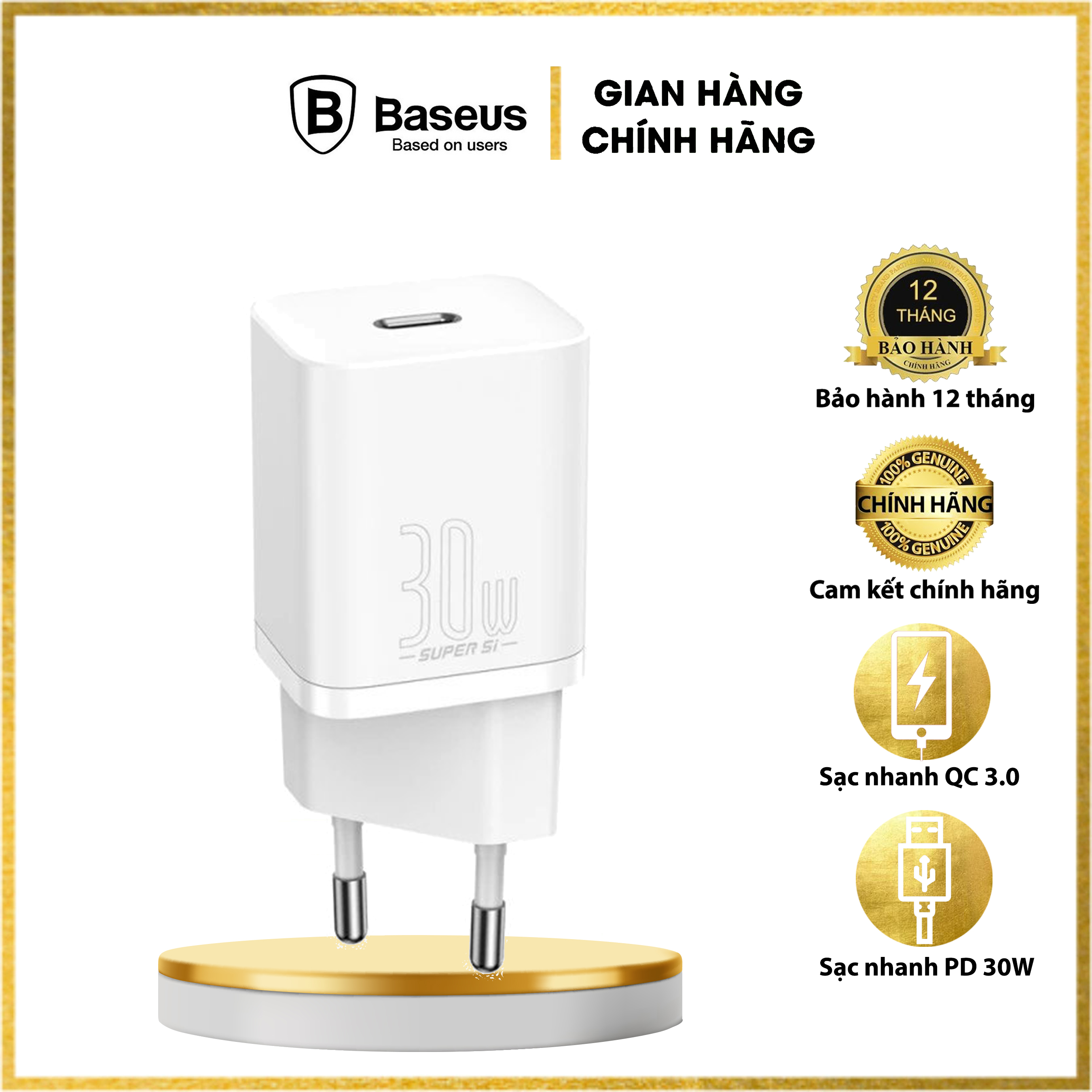 Củ sạc nhanh Baseus Super Si Quick Charger 30W dùng cho iPhone/ Samsung/ OPPO ( Type C, PD/ QC3.0 ) - Hàng chính hãng