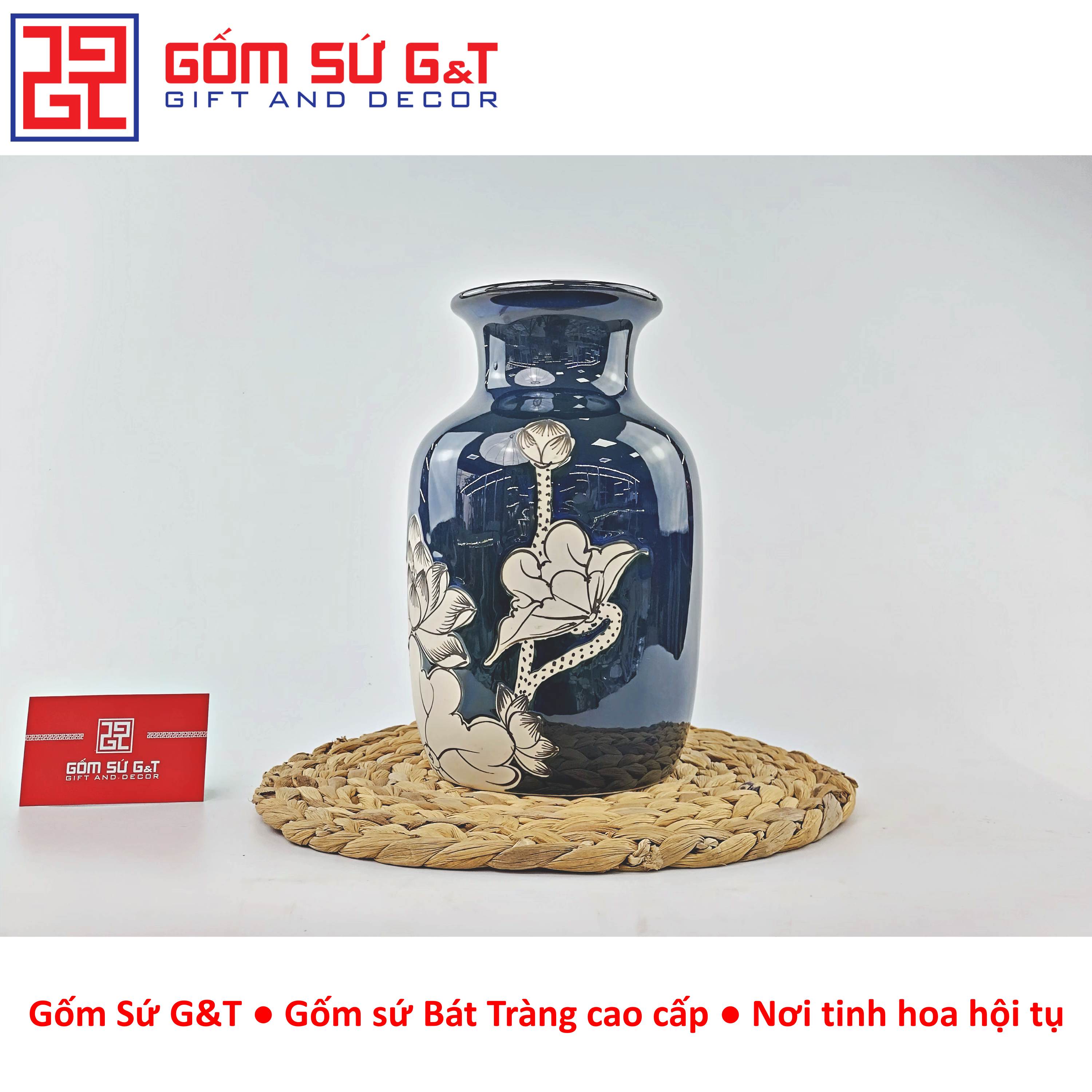Lọ hoa men hỏa biến dáng phích cổ thấp vẽ sen Gốm Sứ G&amp;T