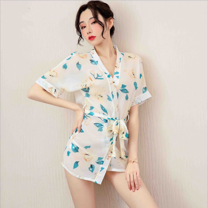 Áo choàng ngủ kimono in hoa văn kèm quần chip lọt khe gợi cảm Q28 - Áo choàng ngủ nữ quyến rũ
