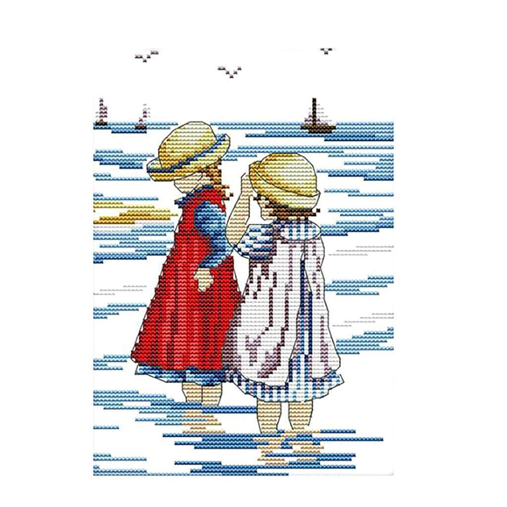 Sisters on Beach Stamped  stitch Pre-Printed Pattern Embroidery  Fashion Crafts Hauskunst Decoration