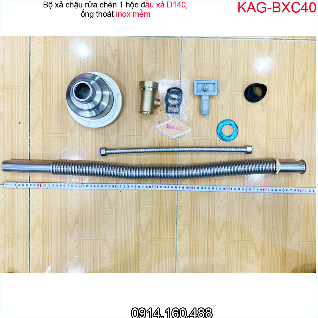 Bộ xả chậu rửa chén 1 hố inox 304 KAG-BXC40 chậu lỗ thoát D140, bộ ống thoát bồn rửa bát 1 hộc to chất liệu SUS304 siêu bền thoát nước nhanh sử dụng tốt