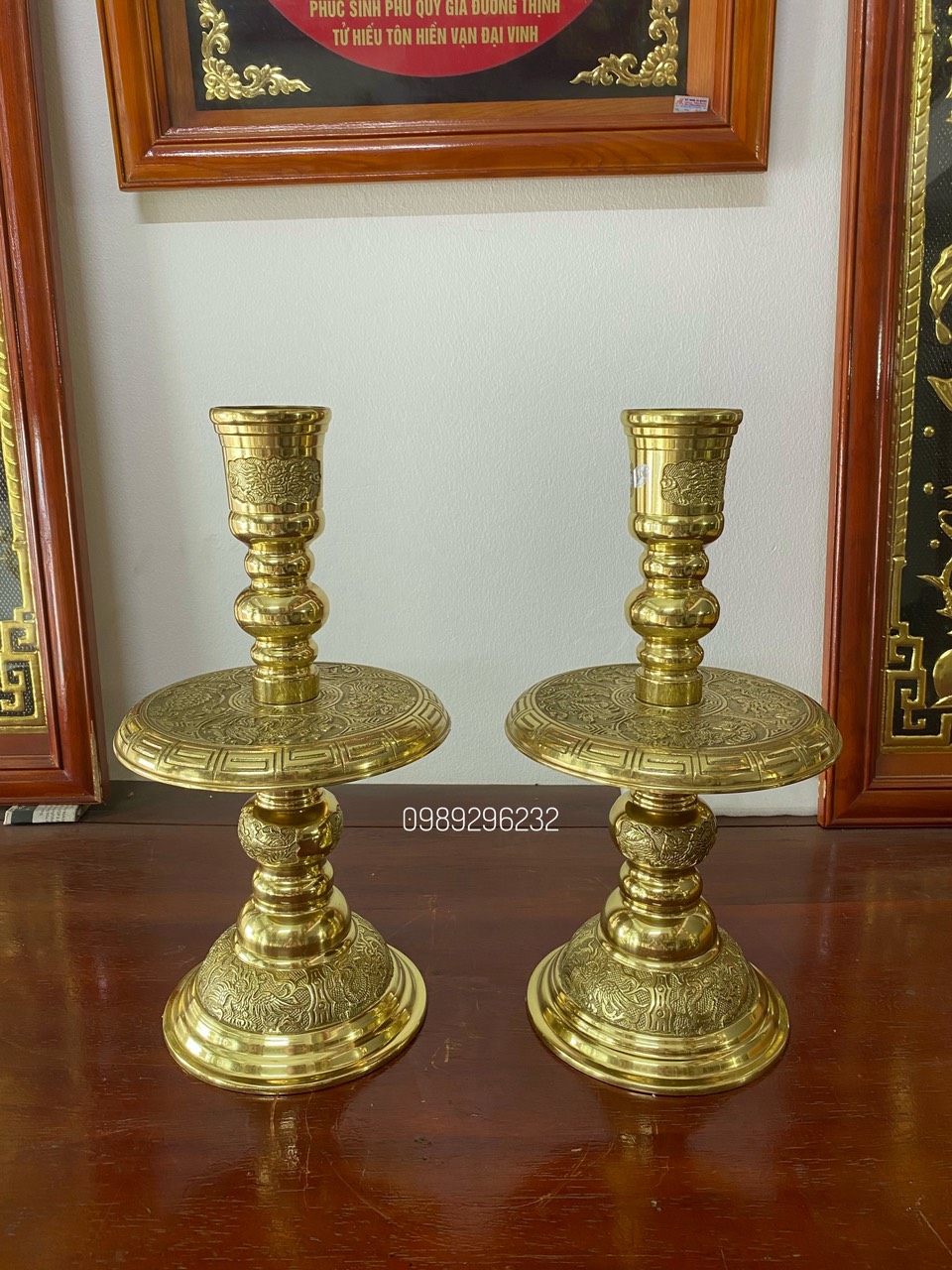 Đôi chân đèn nến cao 47cm đồ thờ phụng cao cấp bằng đồng thau - Chân nến s4