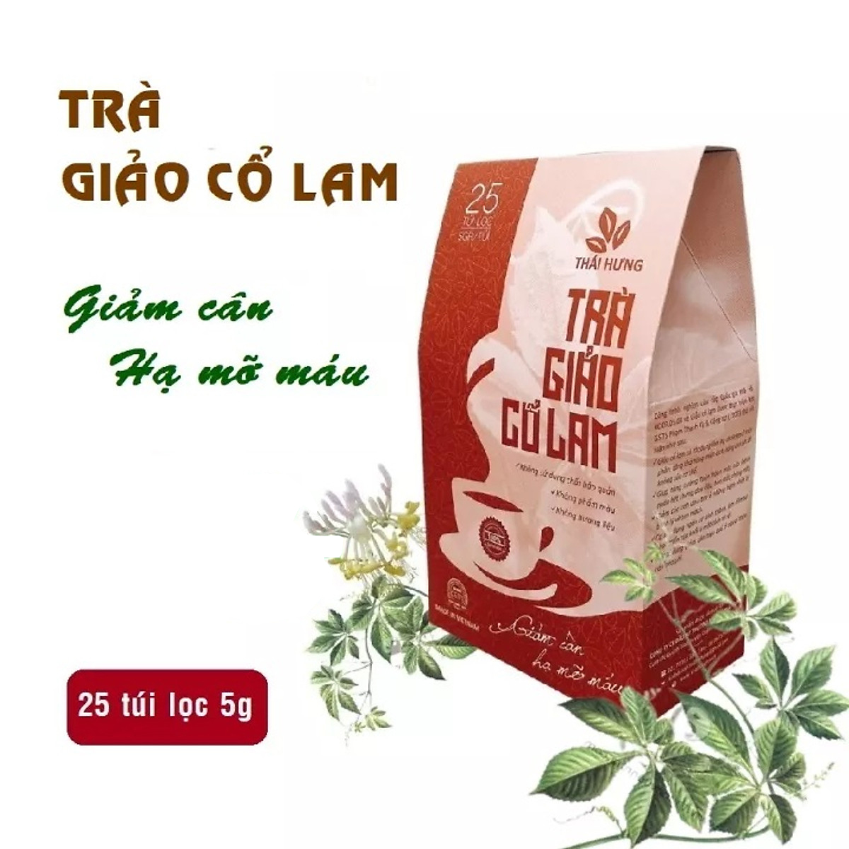 Trà Giảo cổ lam Thái Hưng 25 túi lọc x 5g - Hỗ trợ giảm cân hiệu quả, giảm mỡ máu, giảm huyết áp