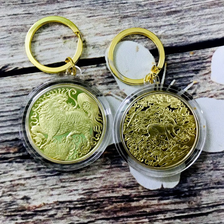 Móc Khóa xu Kỳ Lân Vàng Dùng để trang trí chìa khóa, tăng tính thẩm mỹ, mang lại may mắn. Làm quà tặng dịp Lễ, Tết, kích thước 5cm, màu vàng - TMT Collection - SP000412
