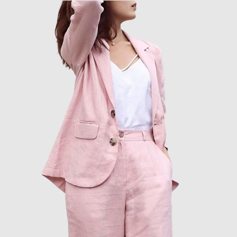 Áo khoác blazer nữ 1 lớp vải linen Hàn, cổ ve vuông, túi bổ nắp, 2 cúc (Hồng Phấn) Haint Boutique BZ08