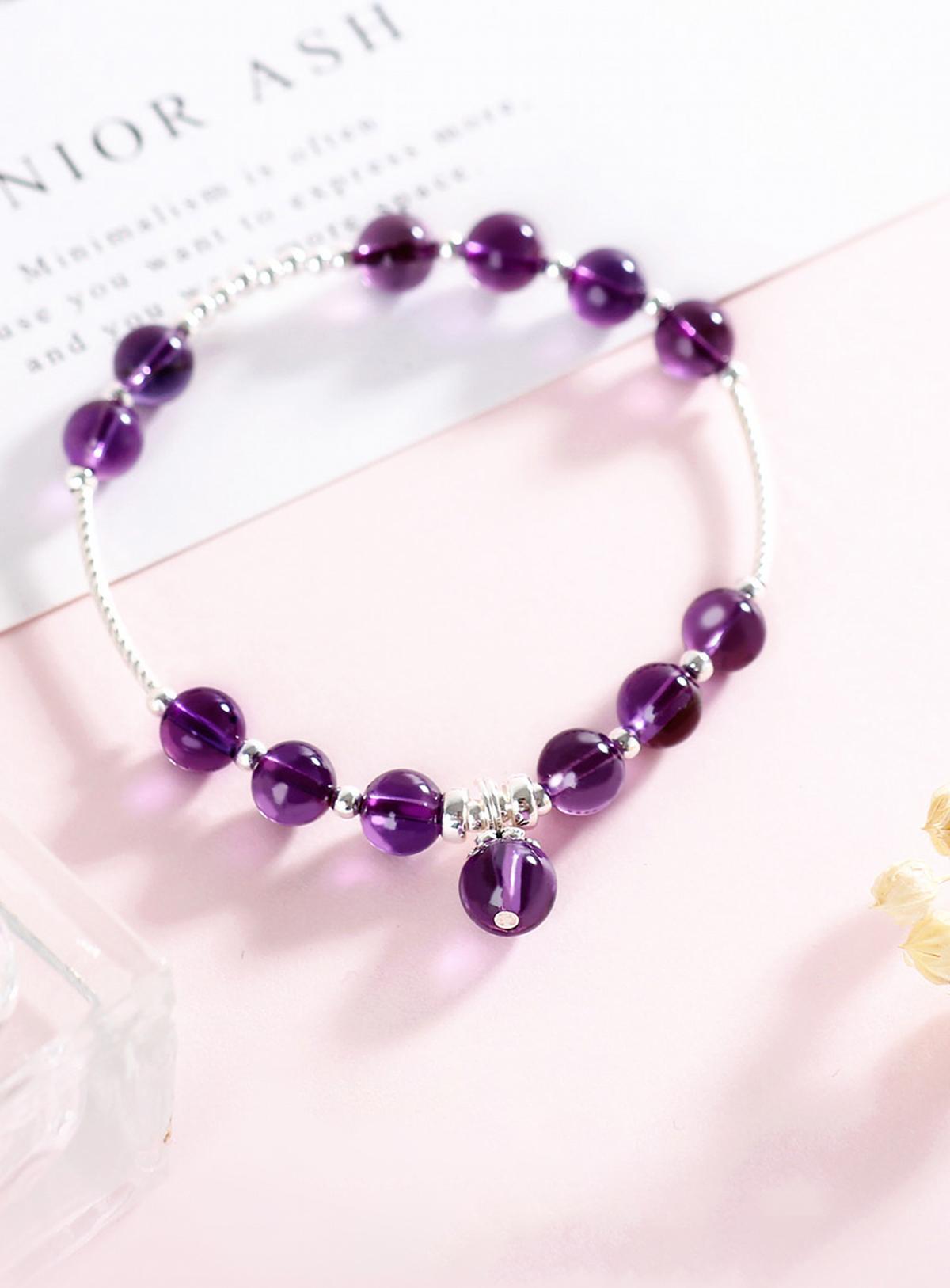 Vòng tay đá thạch anh tím phối charm bi bạc mệnh hỏa, thổ - Ngọc Quý Gemstones