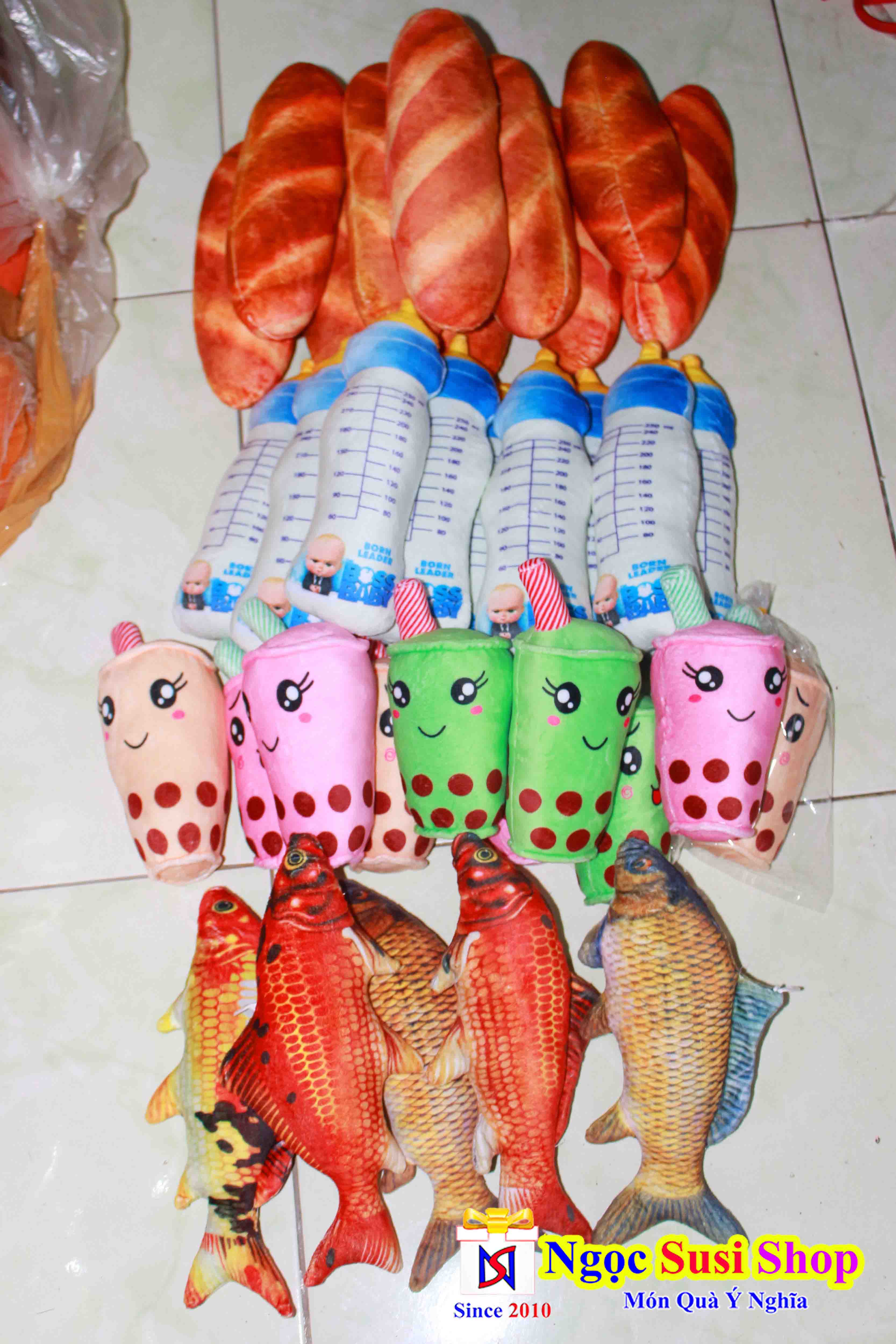 THÚ NHỒI BÔNG BÁNH MÌ , BÌNH SỮA , CÁ CHÉP ,TRÀ SỮA NHÍ