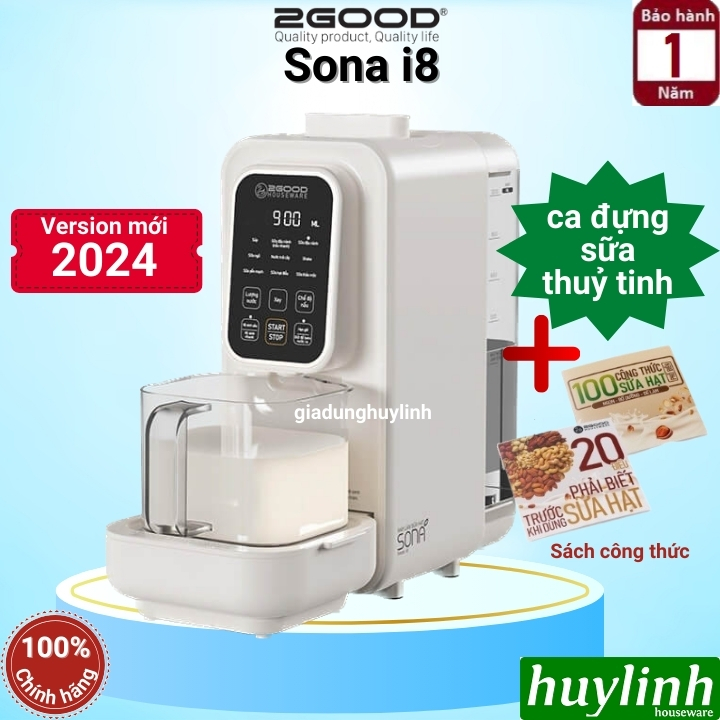 [Ca Thuỷ Tinh] Máy làm sữa hạt tự động 2Good Sona i8 - Version 2024 - 1.2 lít - 9 chức năng - Kèm sách công thức - Hàng chính hãng