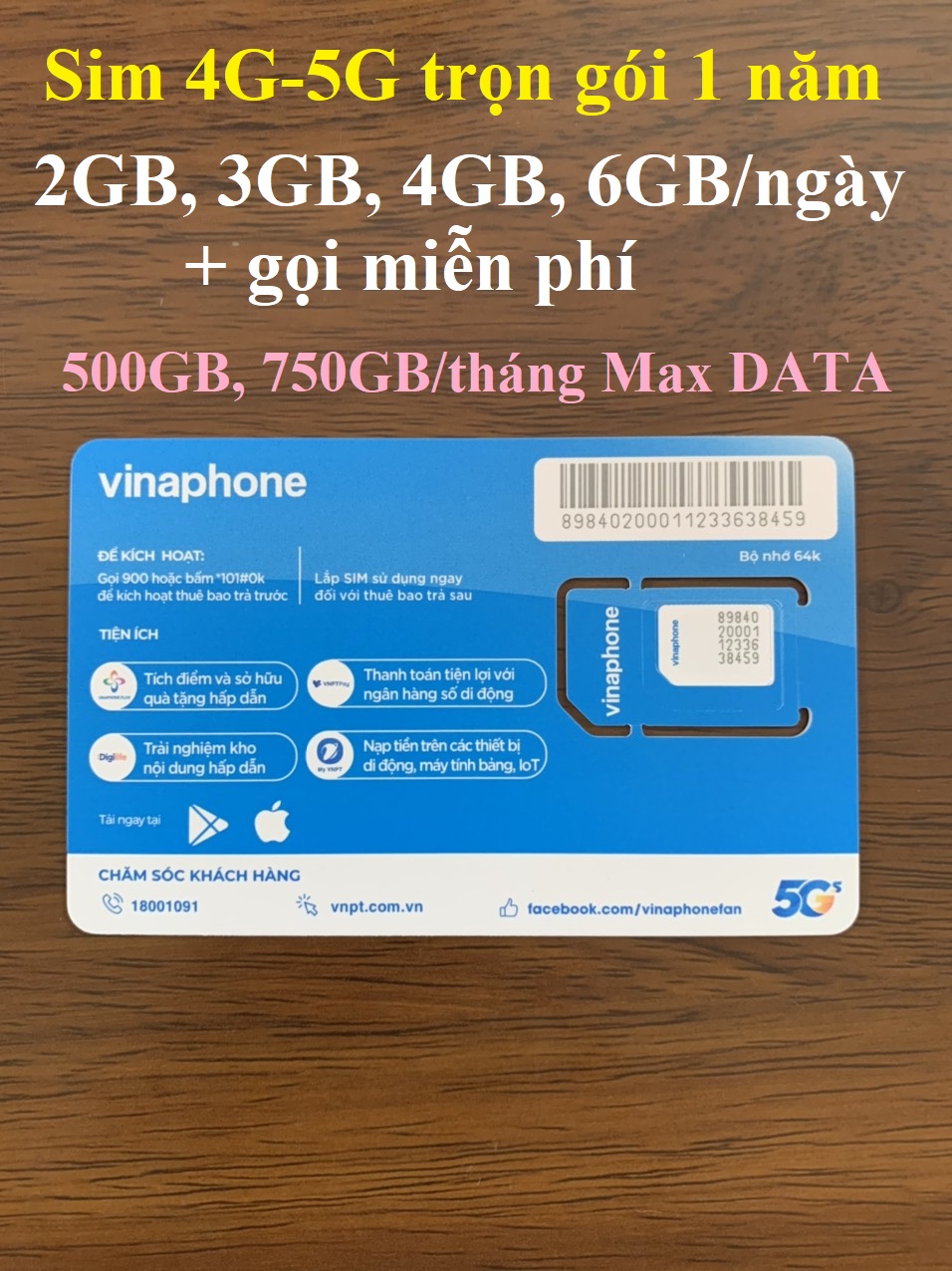 SIM 4G/5G VINA TRỌN GÓI 1 NĂM-Chọn loại: 2GB/ngày, 4GB/ngày, 6GB/ngày, 500GB/tháng-Hàng chính hãng