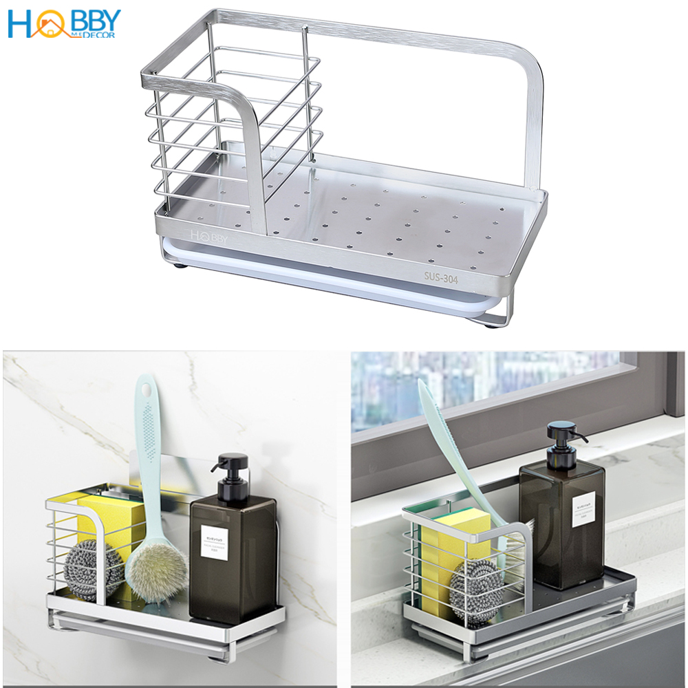Kệ rổ đựng dụng cụ rửa chén Inox 304 HOBBY KRC7 kèm khay hứng nước và miếng dán tường - có keo dán Sealant fix