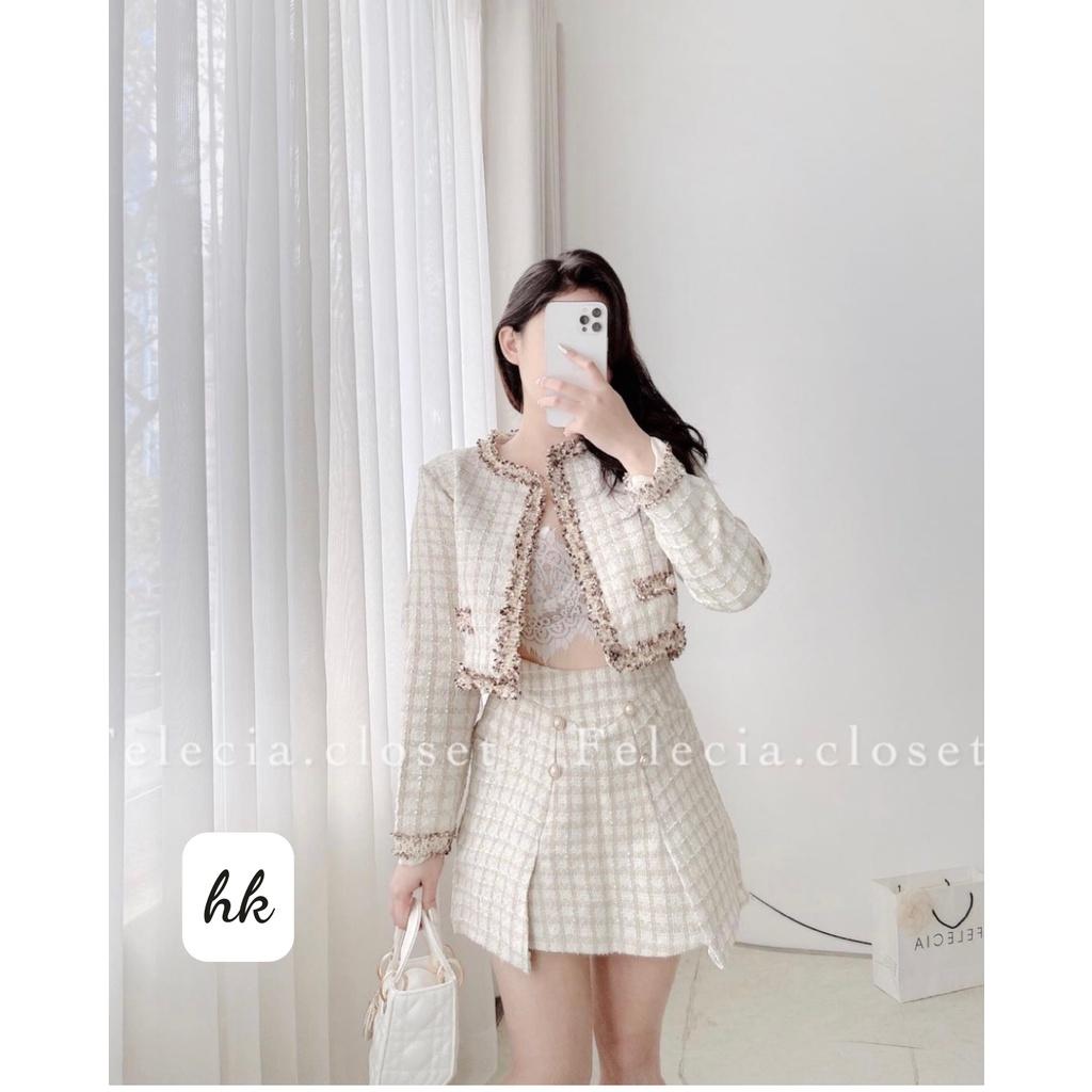 Set dạ tweed nhũ viền màu vàng đồng siêu xinh (hàng sẵn)- December Fashion