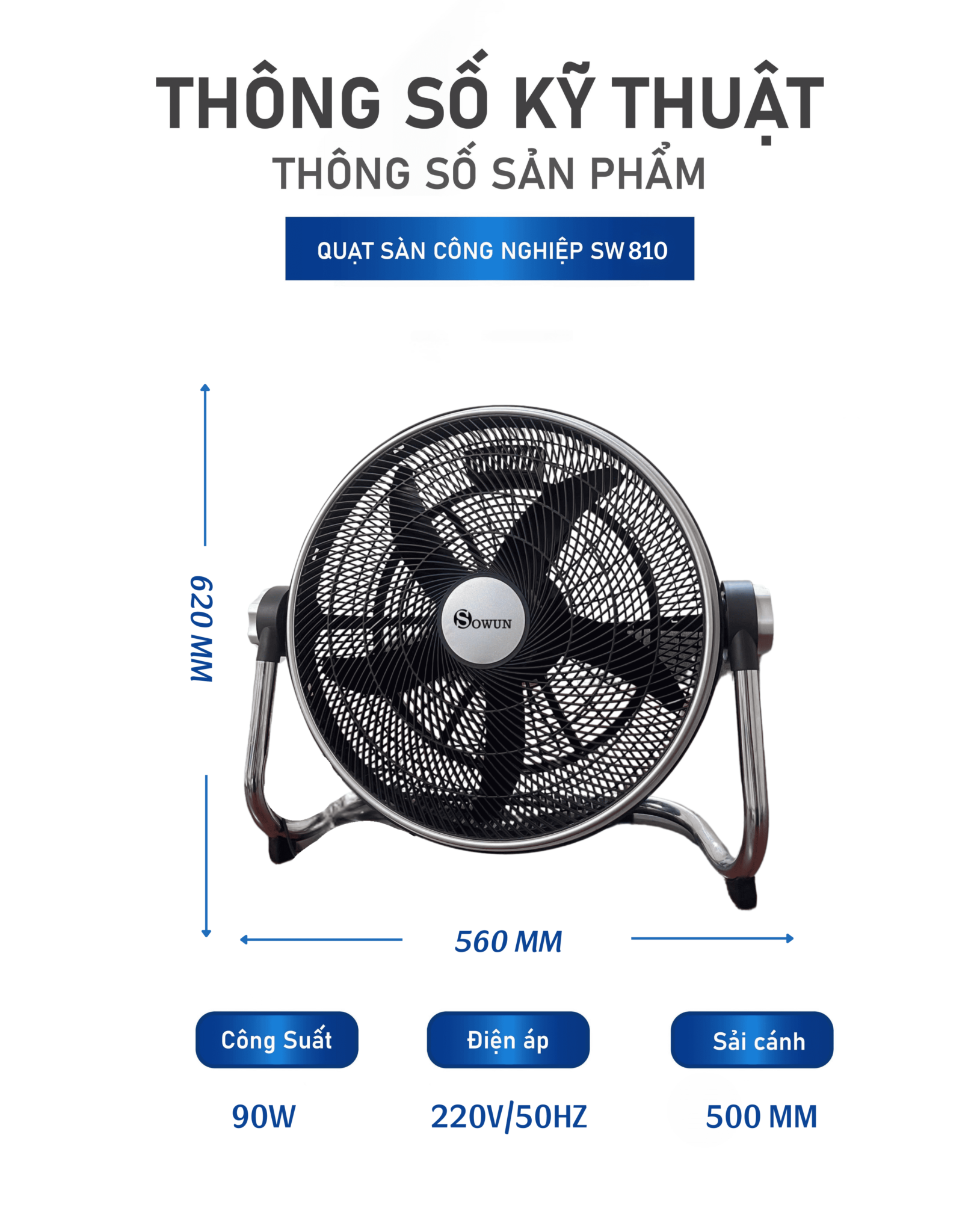QUẠT SÀN CÔNG NGHIỆP TURBO 5 CÁNH SOWUN SW 810 Hàng chính hãng