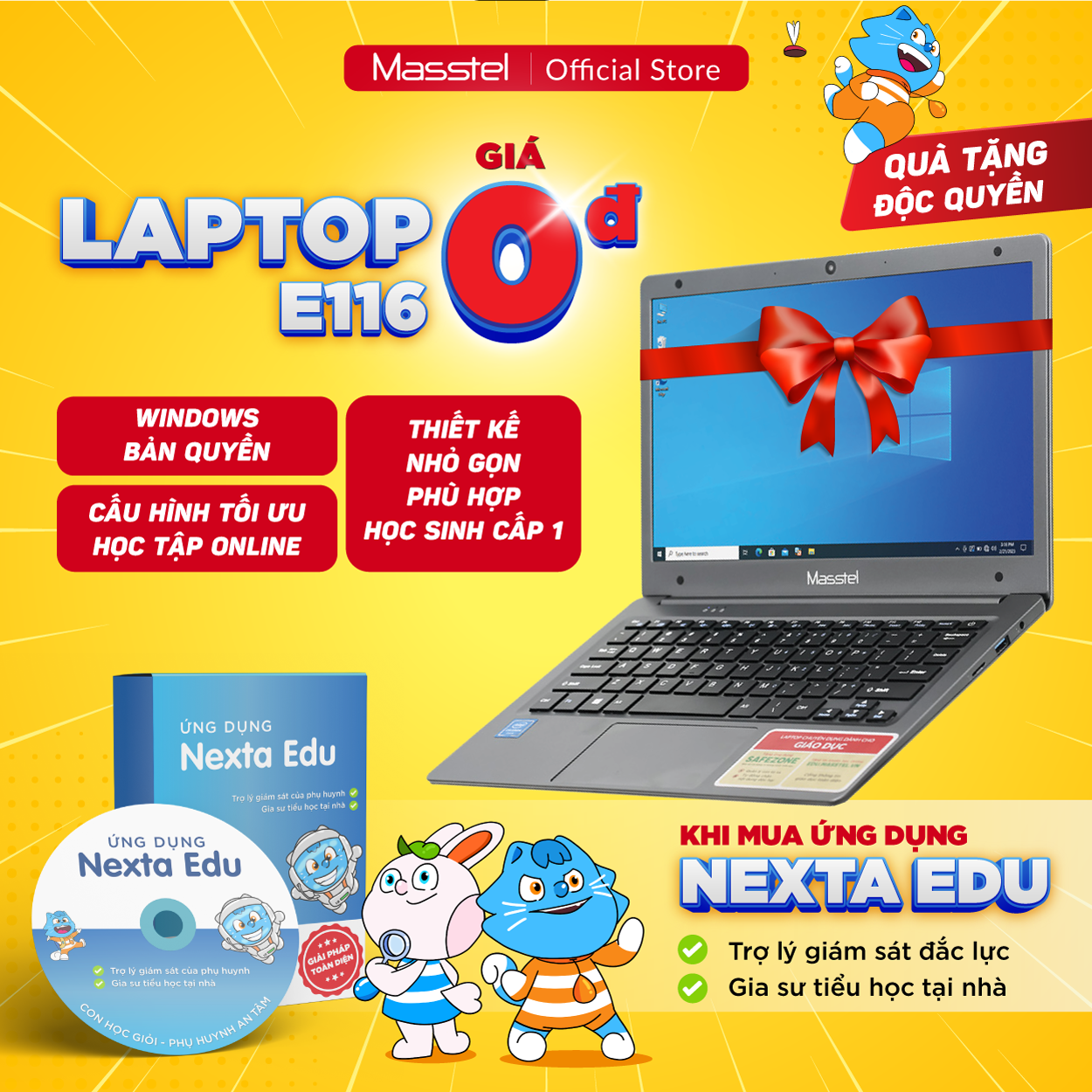 Laptop Giáo dục Masstel E116 - Khoá học Toán - Tiếng Việt - Tiếng Anh từ lớp 1 đến lớp 5 - Bảo hành 12 tháng