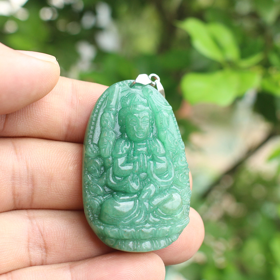 Mặt Dây chuyền Phật Thiên Thủ Thiên Nhãn, cho tuổi Tý, Mệnh Mộc, Đá Thạch Anh Xanh, Cỡ to AKO2