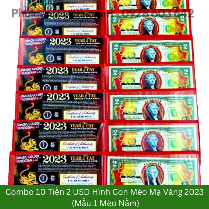 Combo 10 Tờ 2USD Hình Con Mèo Mạ Vàng 2023 (Mẫu 1 Mèo Nằm), kích thước: 16cmx8cm, màu vàng - SP005886