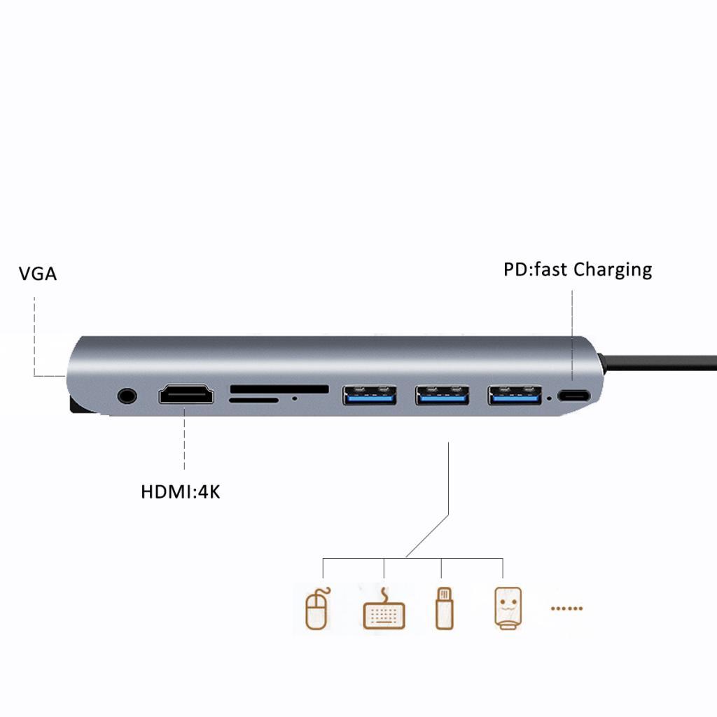 Type C Docking Station USB C To 4K HDMI VGA USB3.0 TF SD
