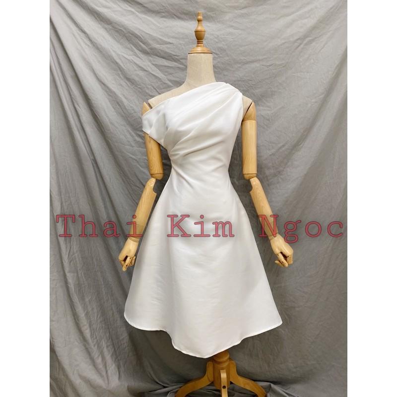 Đầm dự tiệc lệch vai xếp li sang trọng